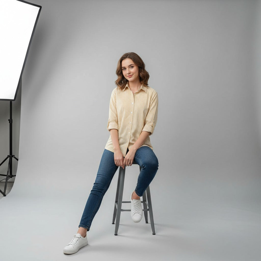 Yellow & White Lining Full Sleeve Shirt