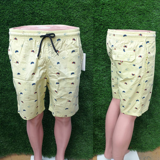 Men Light Yellow Printed Side Pockets Shorts